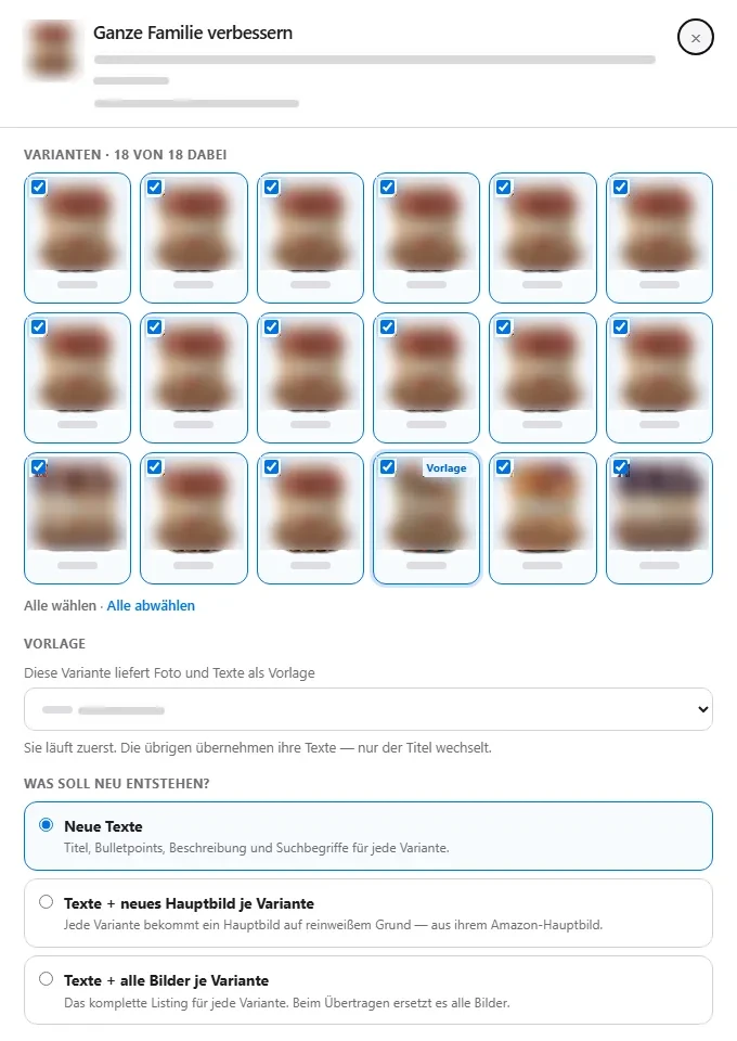 Listimo: ganze Variantenfamilie verbessern – 18 von 18 Varianten ausgewählt, eine Vorlage liefert Foto und Texte, Auswahl neuer Texte oder Bilder je Variante