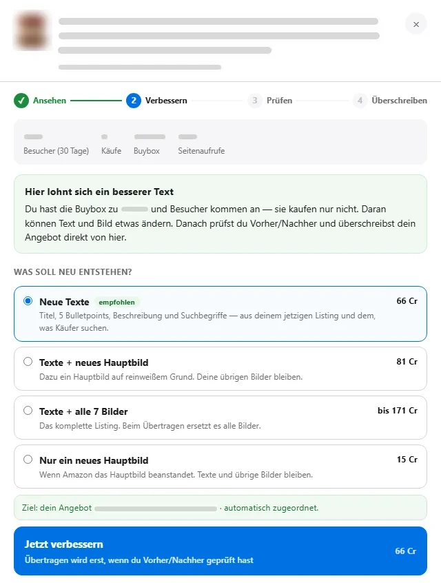 Listimo-Werkbank für ein Produkt aus dem eigenen Sortiment: Auswahl zwischen neuen Texten (66 Credits), Texten mit neuem Hauptbild, allen 7 Bildern oder nur einem neuen Hauptbild; übertragen wird erst nach der Vorher/Nachher-Prüfung