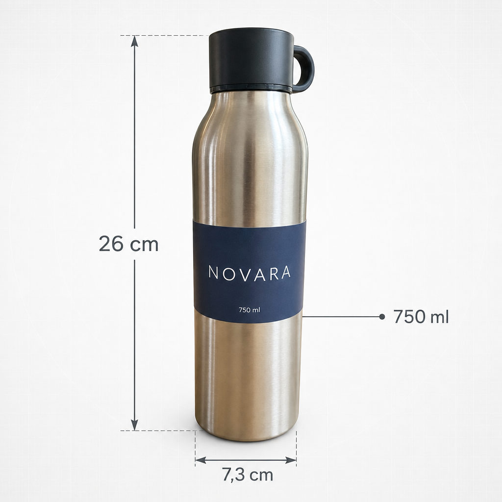 Bildtyp Maß-Bild: Trinkflasche mit Maßangaben 26 cm, 7,3 cm und 750 ml