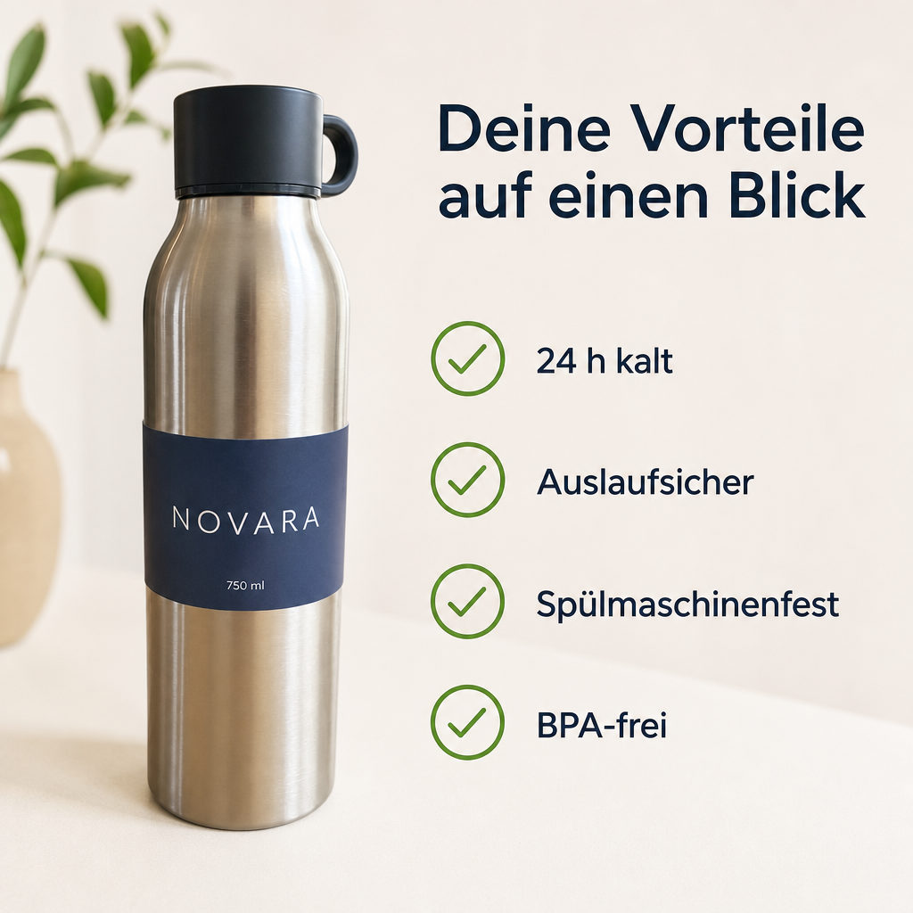 Bildtyp Vorteils-Infografik: Trinkflasche mit vier Vorteilen und Häkchen